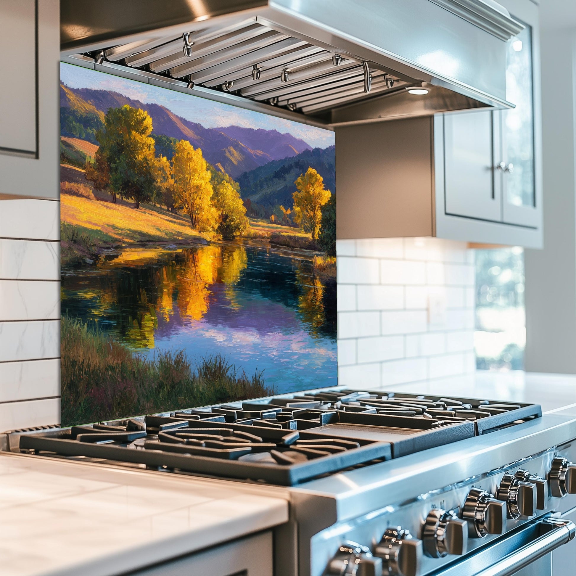 Golden Meadow Lake Tempered Glass Backsplash - Autumn Landscape Kitchen Wall Panel