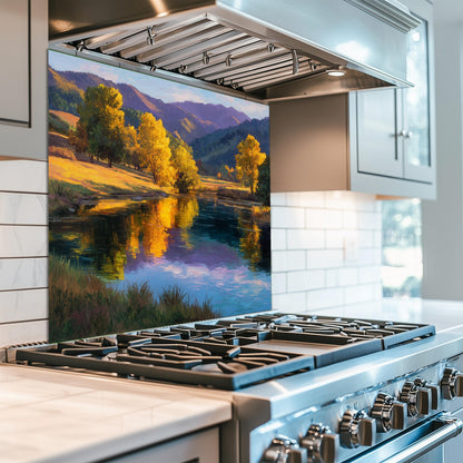 Golden Meadow Lake Tempered Glass Backsplash - Autumn Landscape Kitchen Wall Panel