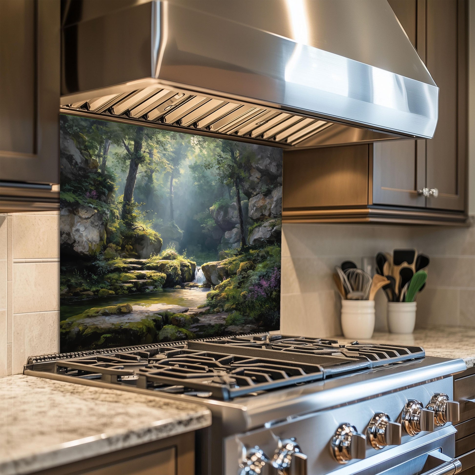Forest Waterfall Glass Backsplash, Tranquil Nature Stove Guard, Heat Resistant Easy Clean Kitchen Art