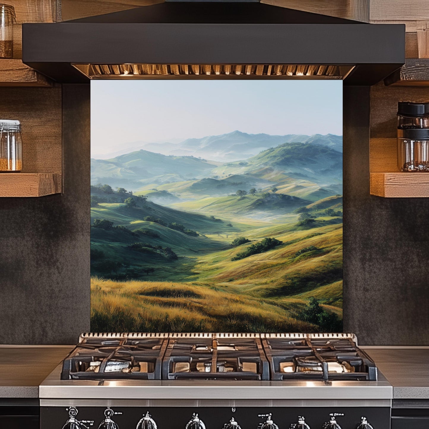 Green Hills Tempered Glass Backsplash – Nature Landscape Kitchen Wall Art