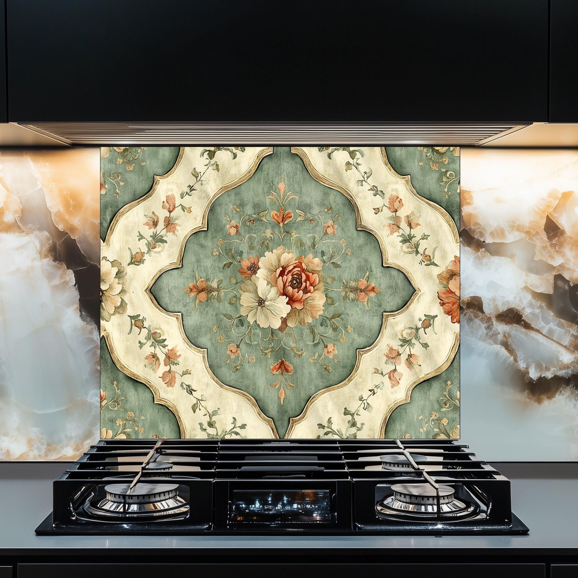 Moroccan Floral Glass Backsplash, Geometric Medallion Stove Guard, Heat Resistant Easy Clean Art