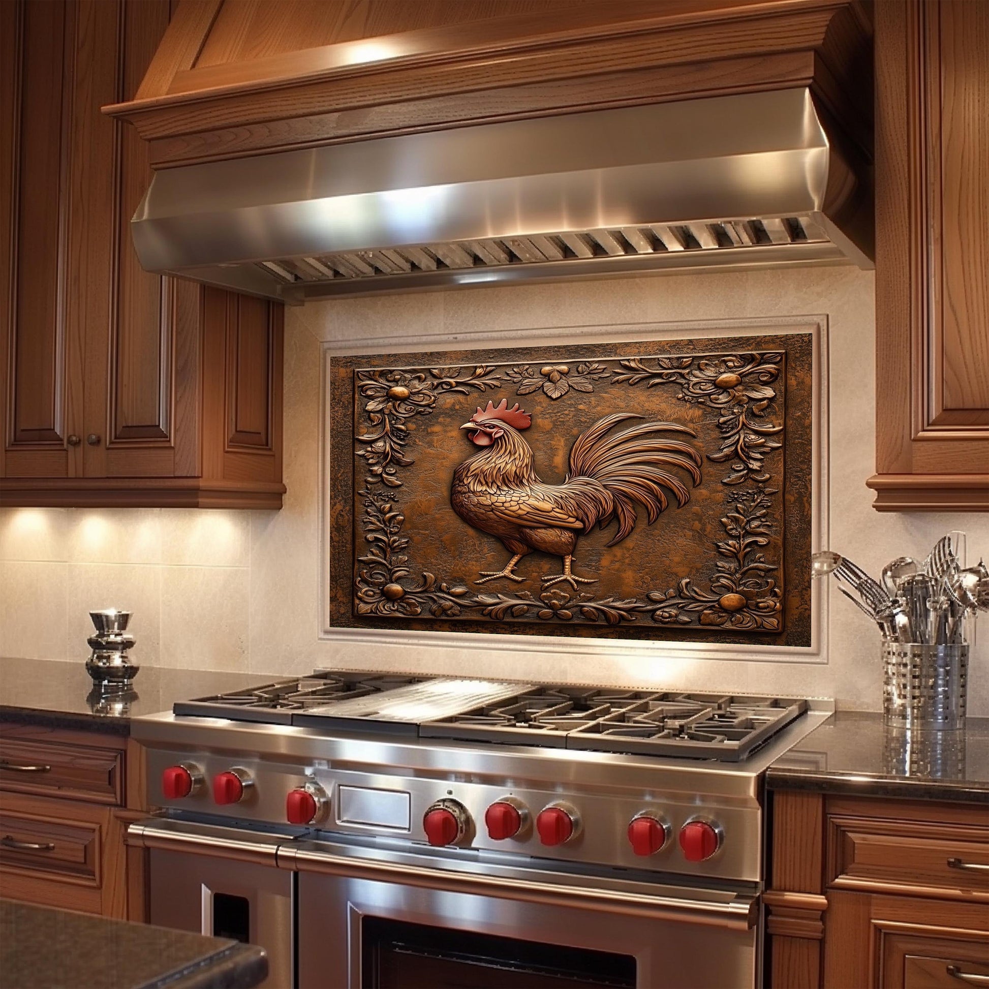 Rustic Rooster Tempered Glass Kitchen Backsplash: Farmhouse Decor