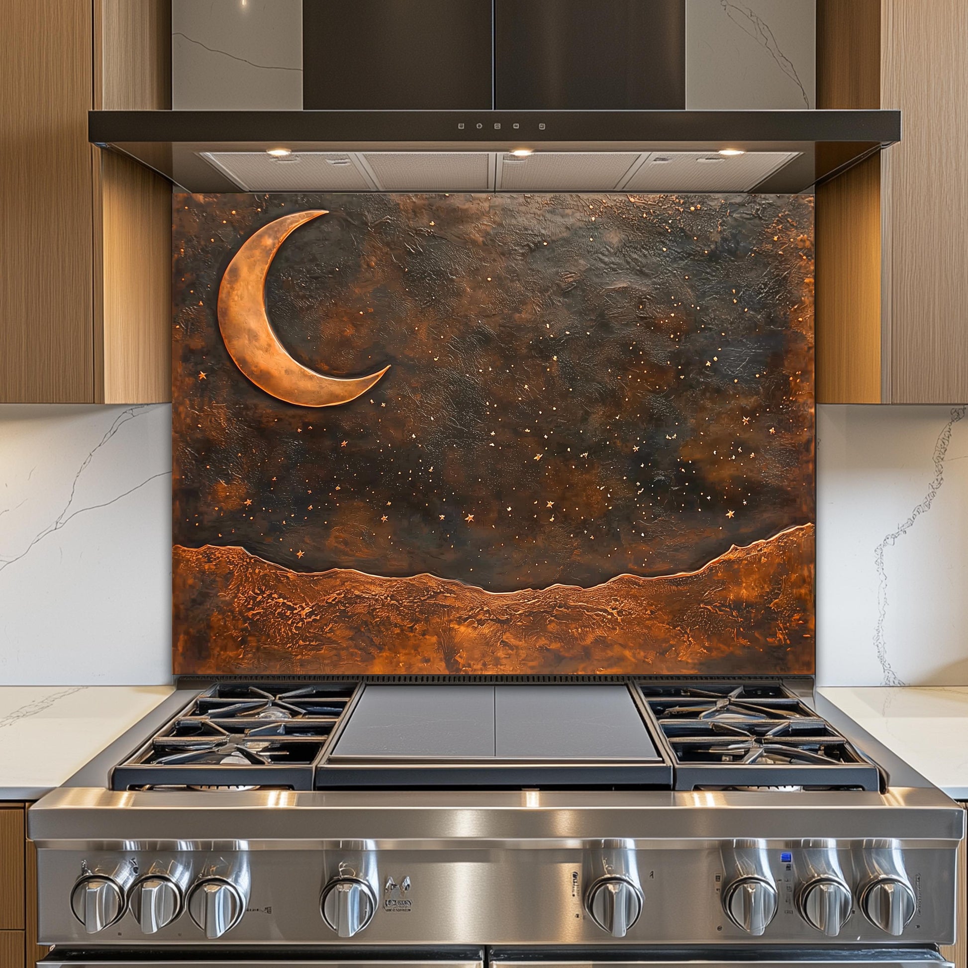 Copper Moon Tempered Glass Backsplash: Rustic Kitchen Decor
