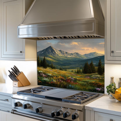 Mountain Meadow Kitchen Backsplash, Wildflower Landscape Tempered Glass, Custom Size Design