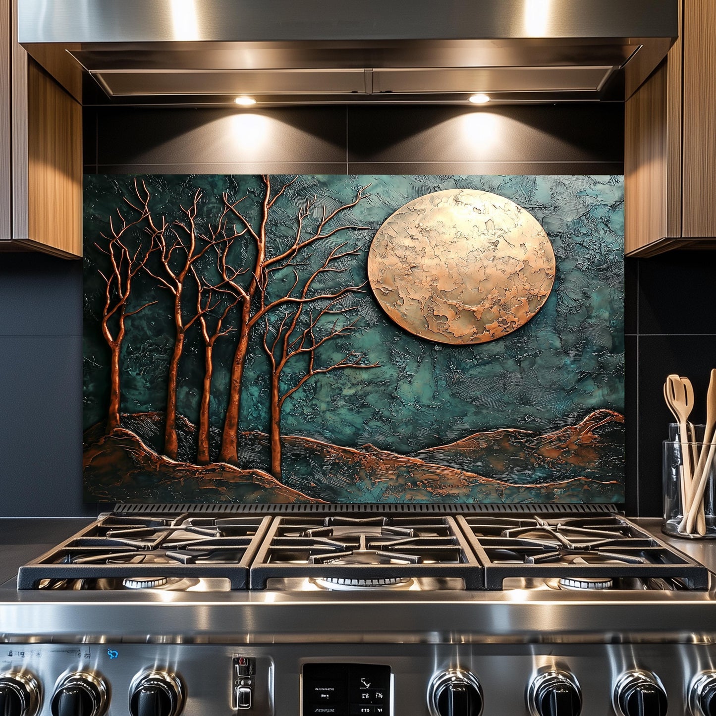 Copper Moon & Heron Backsplash, Heat Resistant Nature Guard, Custom Size Glass Art