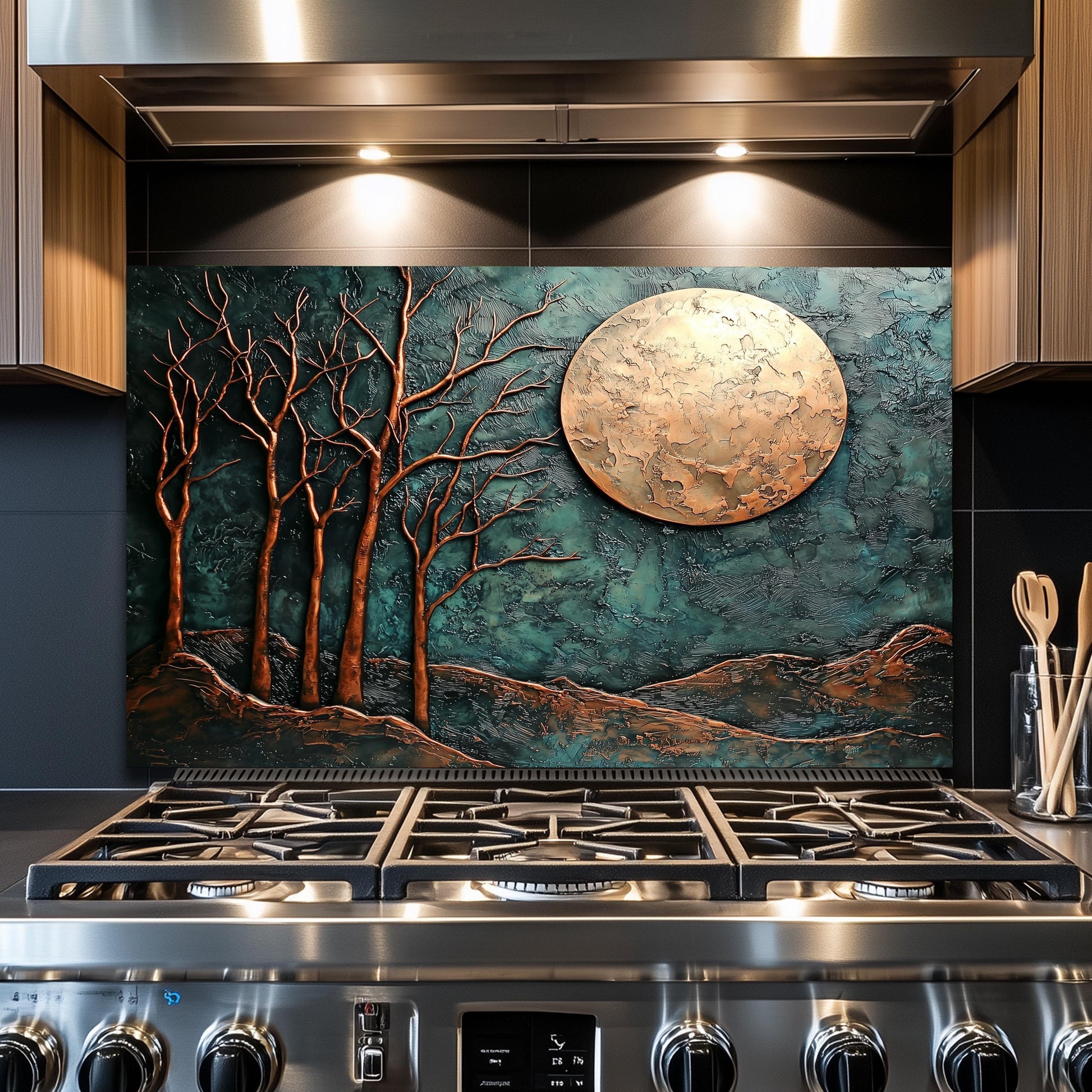 Copper Moon & Heron Backsplash, Heat Resistant Nature Guard, Custom Size Glass Art