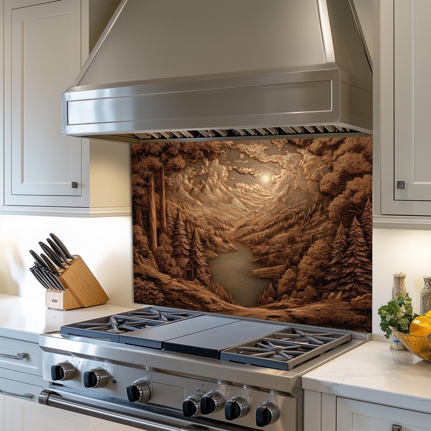 Sepia Mountain Landscape Kitchen Backsplash, UV Printed Tempered Glass Art, Custom Size Design