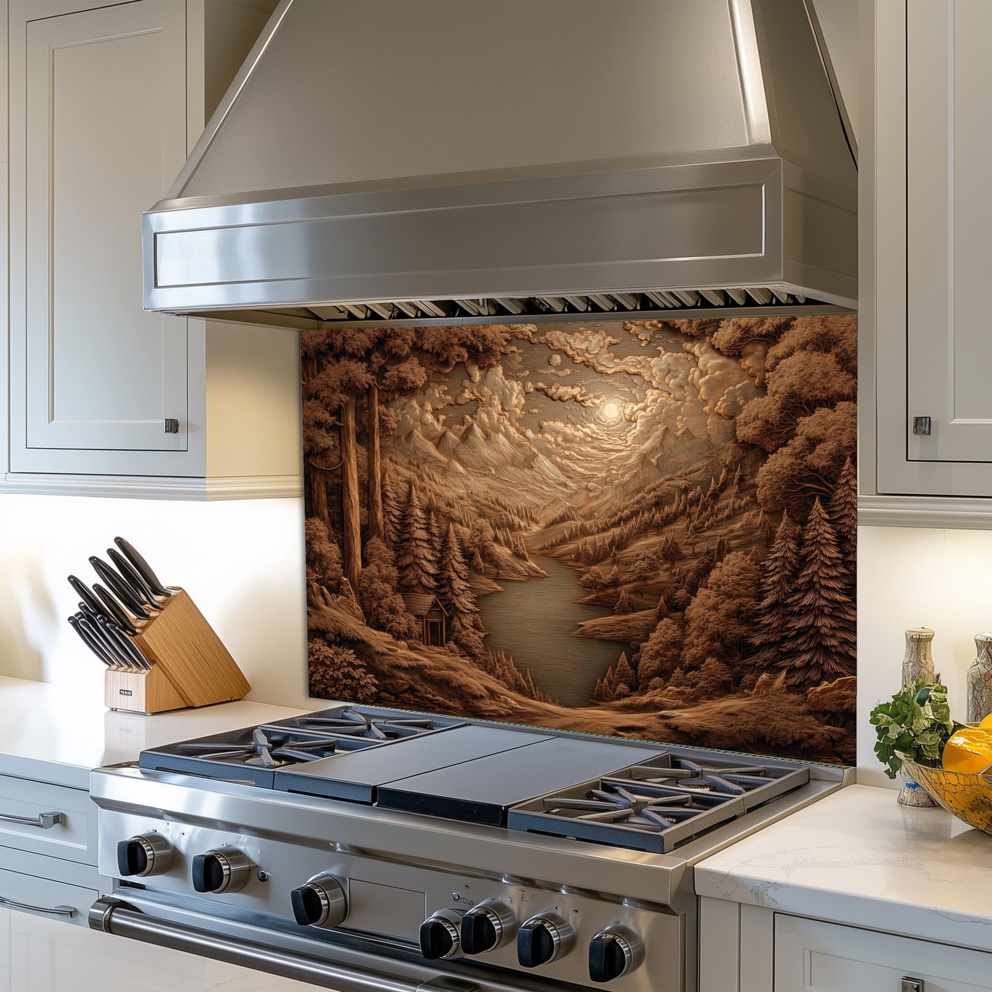 Sepia Mountain Landscape Kitchen Backsplash, UV Printed Tempered Glass Art, Custom Size Design