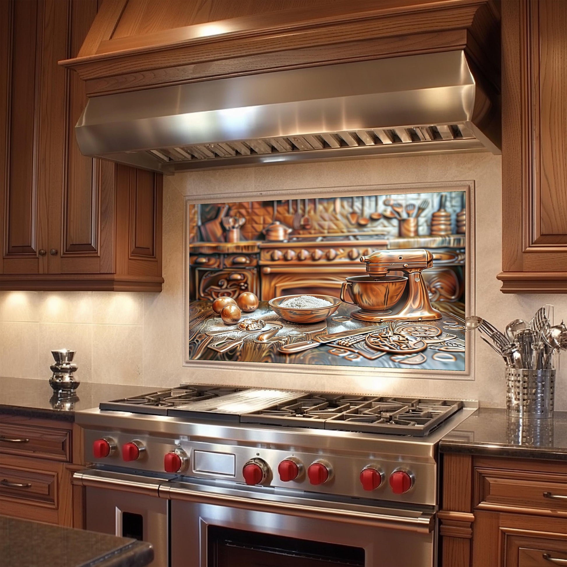 Tempered glass kitchen backsplash, copper baking mixer design, heat-resistant wall protector, farmhouse kitchen decor, easy clean kitchen backsplash, vintage style kitchen wall protector