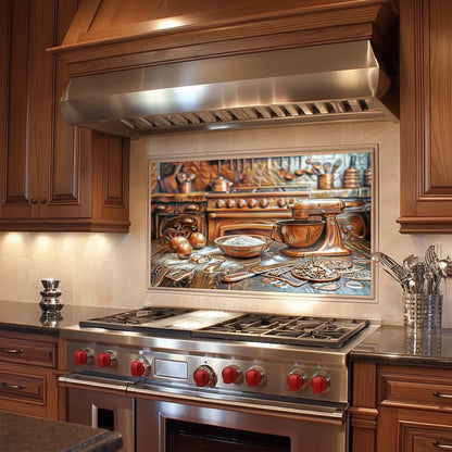 Tempered glass kitchen backsplash, copper baking mixer design, heat-resistant wall protector, farmhouse kitchen decor, easy clean kitchen backsplash, vintage style kitchen wall protector