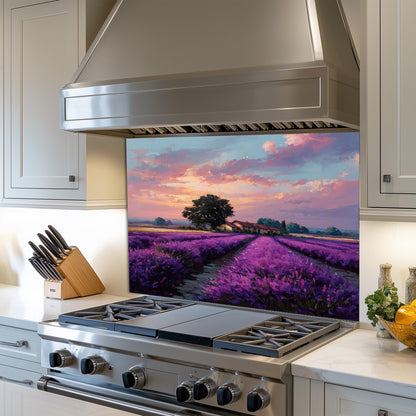 Provence Lavender Field Tempered Glass Backsplash - Sunset Countryside Kitchen Splashback - Heatproof Stove Wall Protector