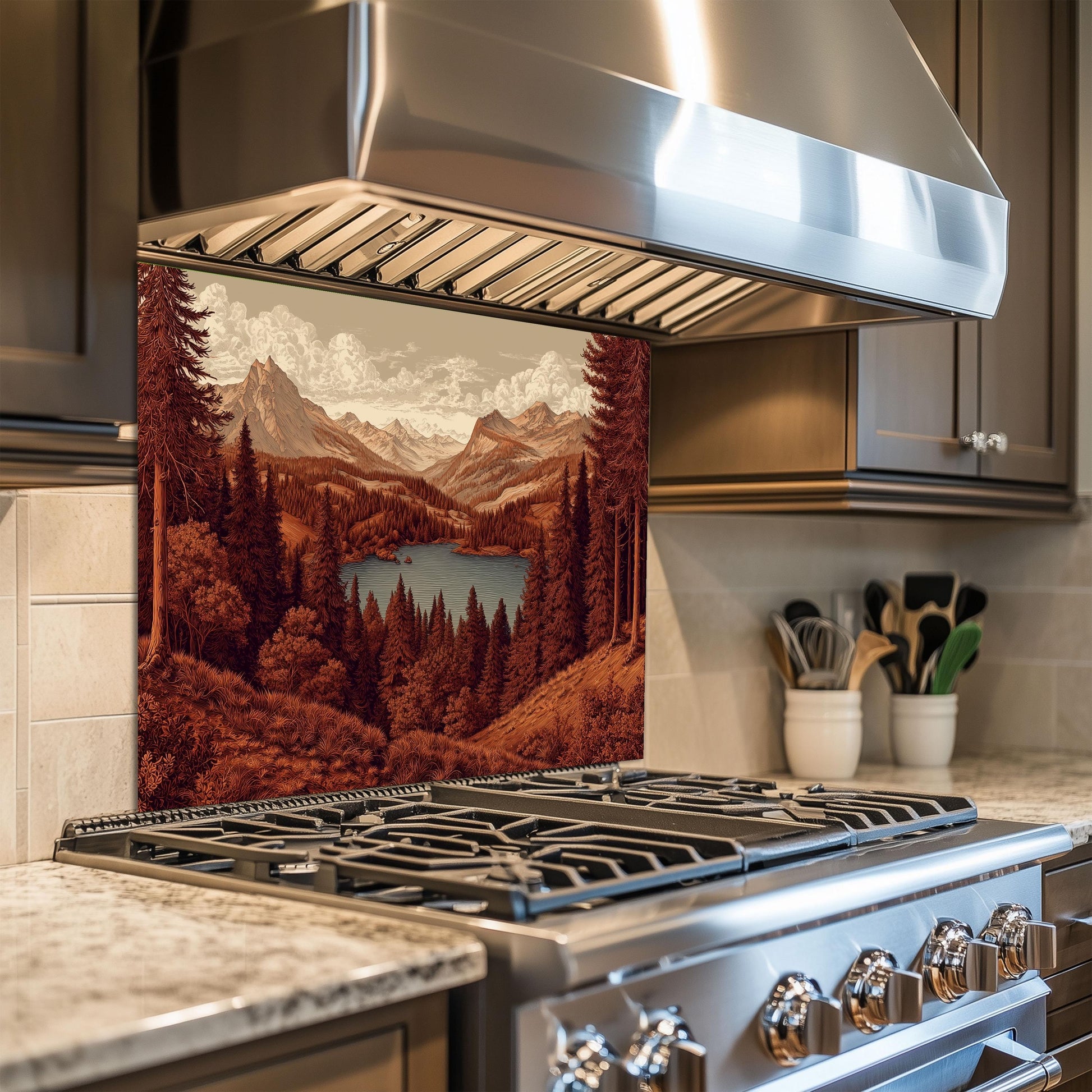 Tempered Glass Mountain Lake Backsplash: Rustic Cabin Kitchen Decor