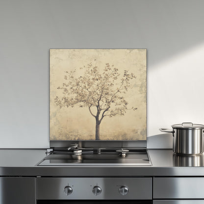 Tree of life glass backsplash, minimalist design, heat-resistant tempered glass, kitchen wall protector, artistic backsplash, easy to clean, modern kitchen decor, stove splashback, elegant wall art