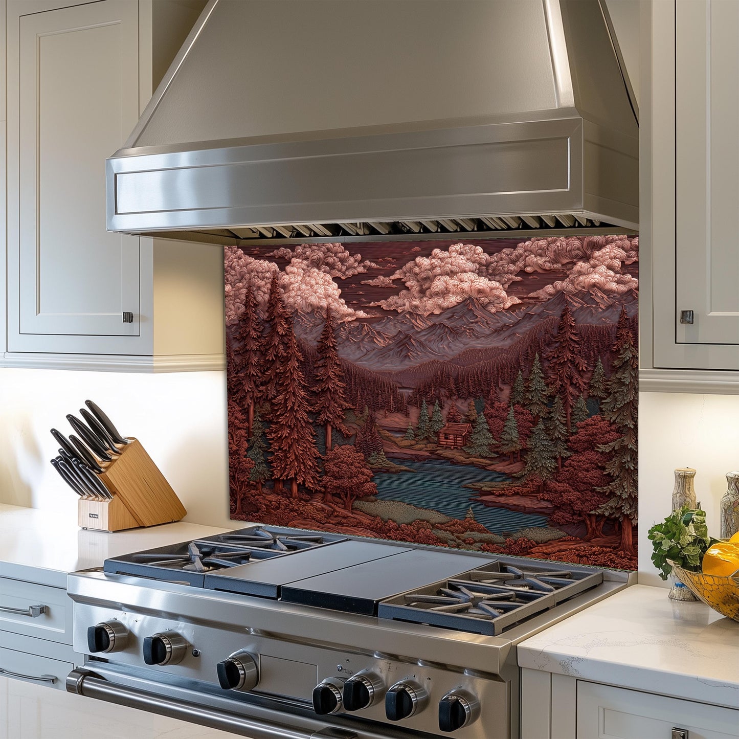 Mountain Kitchen Backsplash: Tempered Glass Forest Scene Stove Protector