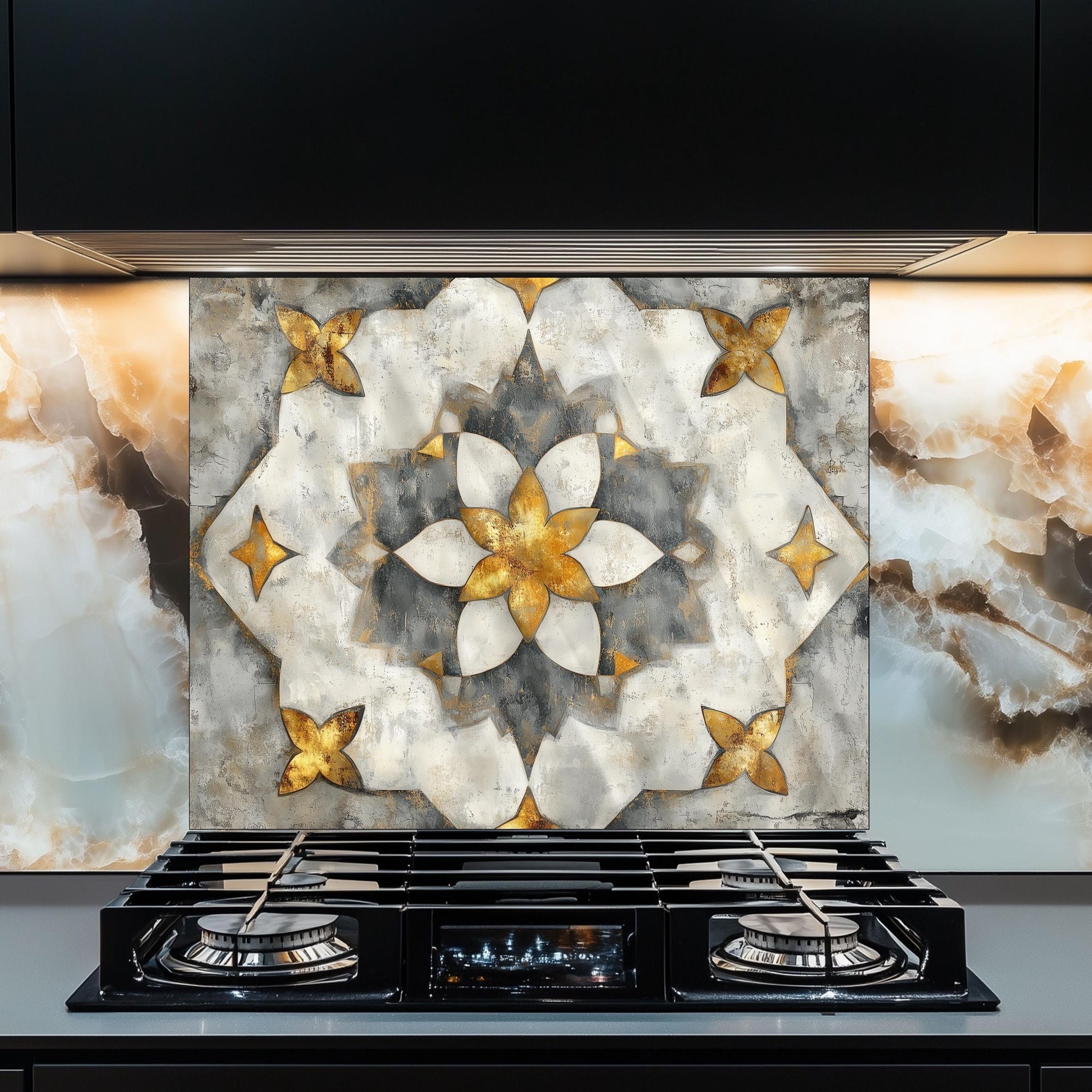 Navy & Amber Moroccan Backsplash, Heat Resistant Stove Guard, Custom Size Glass Art