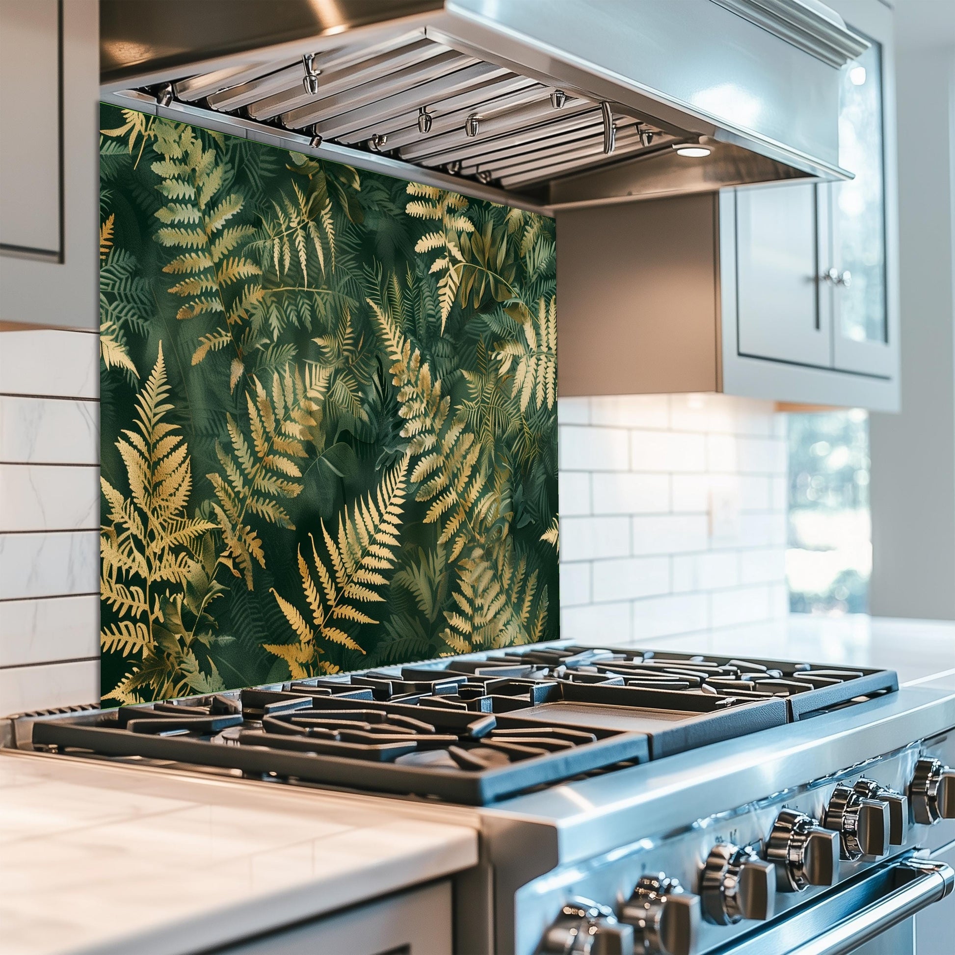 Tropical Fern Glass Backsplash, Green Gold Leaf Stove Guard, Heat Resistant Easy Clean Art