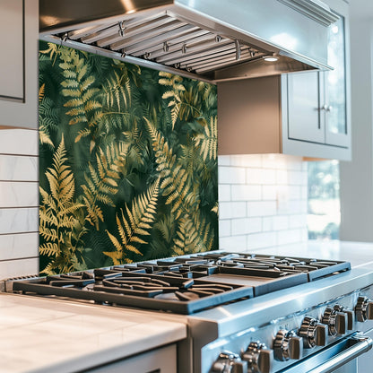 Tropical Fern Glass Backsplash, Green Gold Leaf Stove Guard, Heat Resistant Easy Clean Art