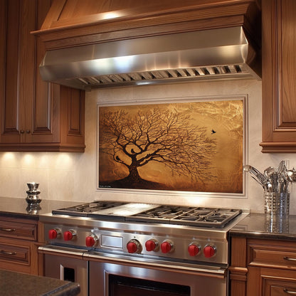 Copper Look Tree Kitchen Backsplash, UV Printed Tempered Glass Art, Custom Size Design