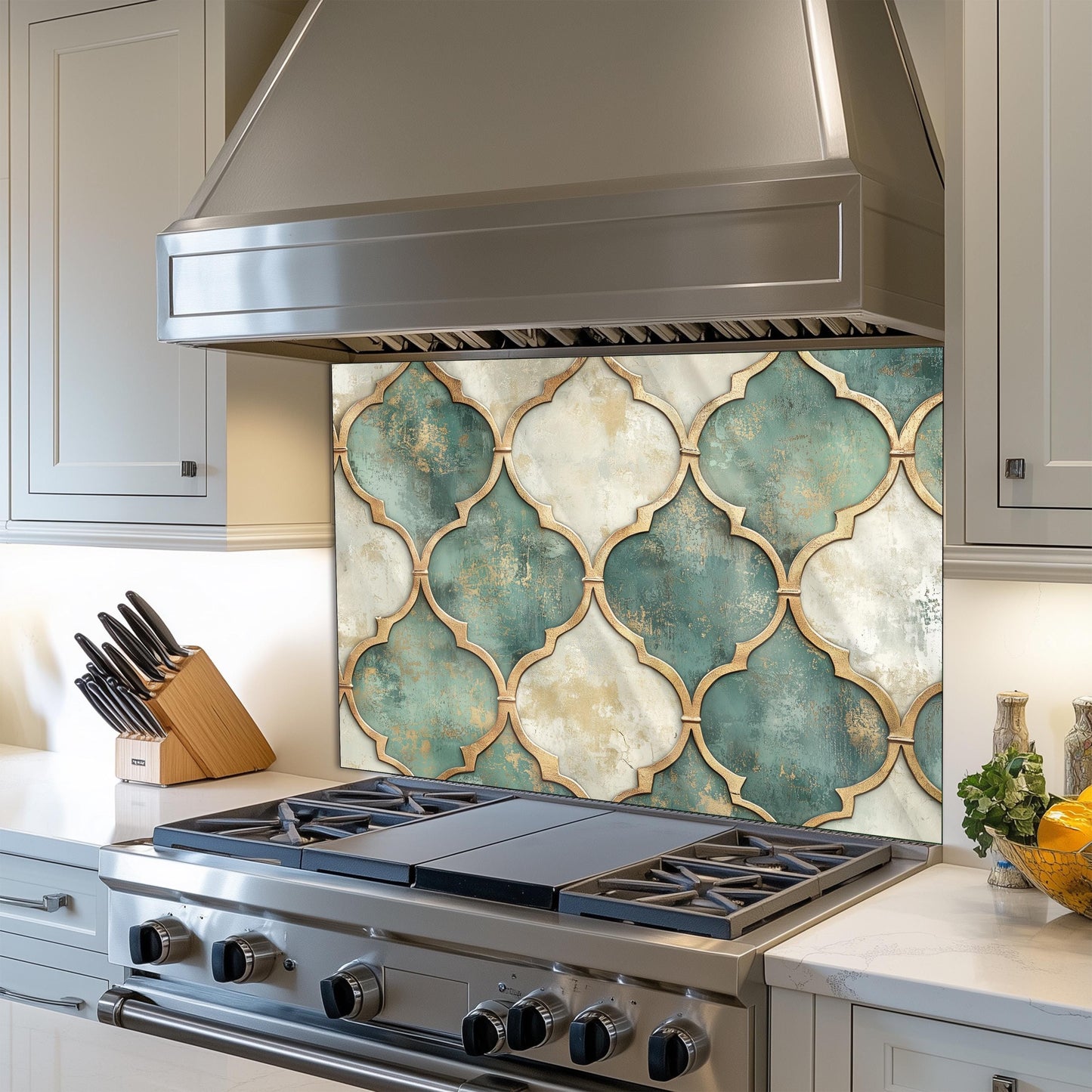Moroccan Tempered Glass Backsplash, Artistic Geometric Stove Guard, Heat Resistant Easy Clean Art