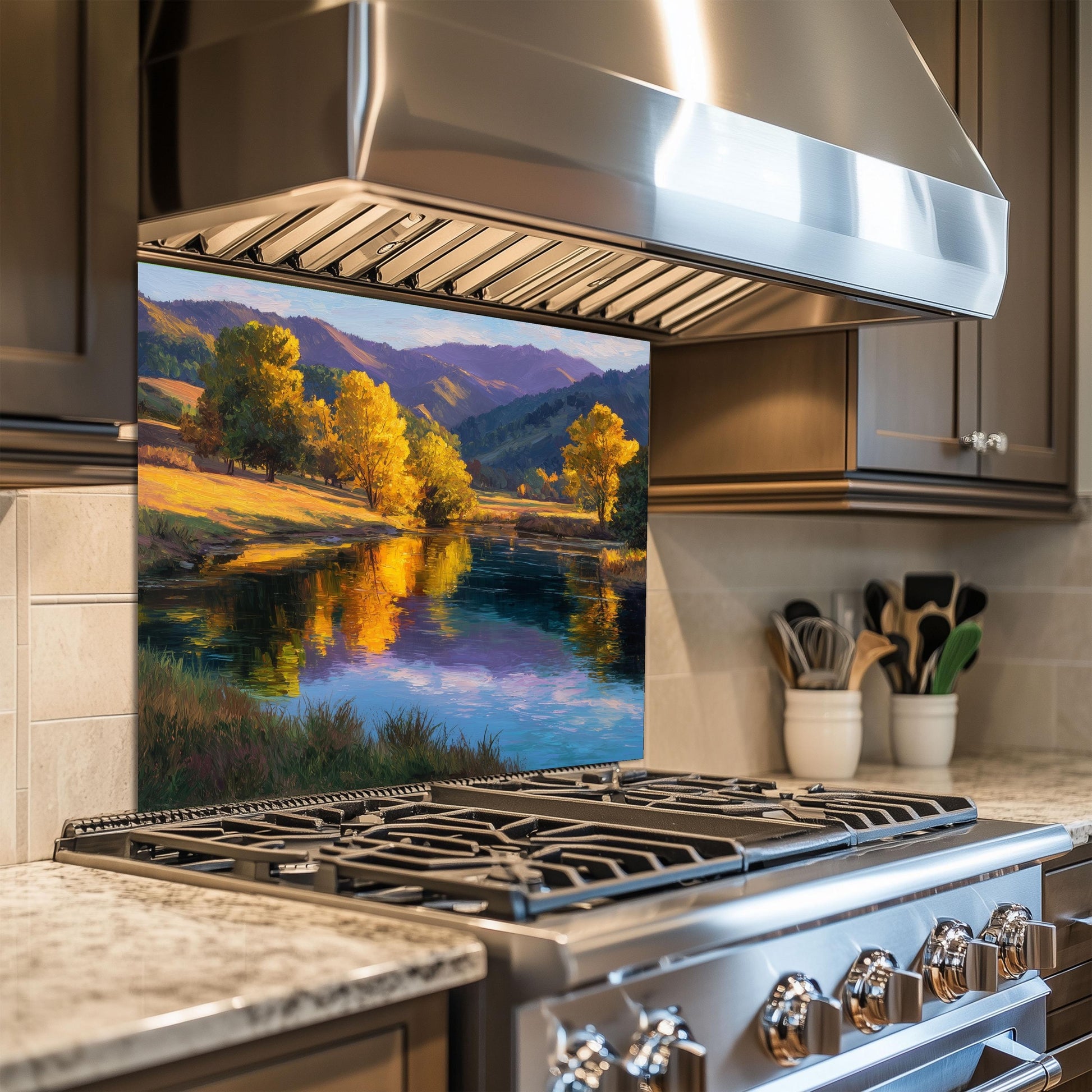 Golden Meadow Lake Tempered Glass Backsplash - Autumn Landscape Kitchen Wall Panel
