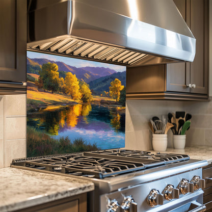 Golden Meadow Lake Tempered Glass Backsplash - Autumn Landscape Kitchen Wall Panel