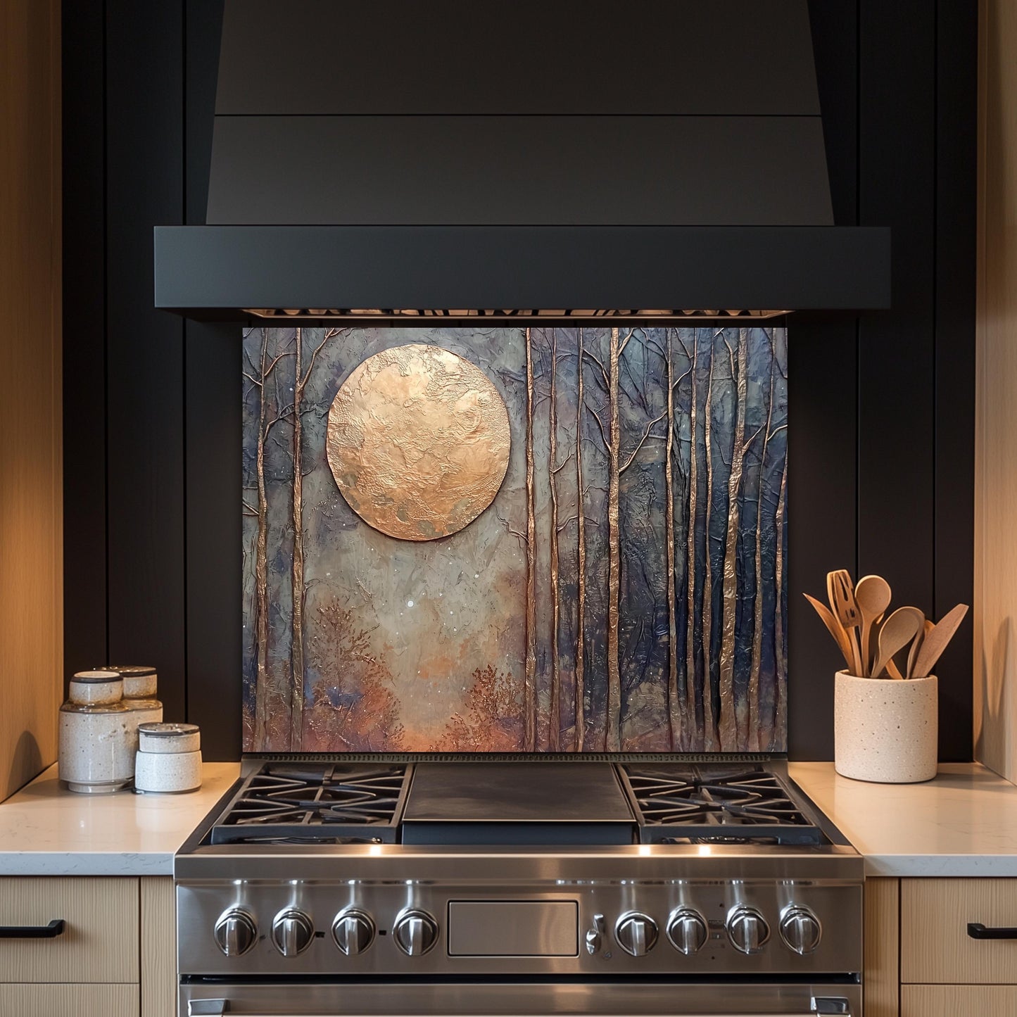 Copper Moon Glass Backsplash, Celestial Crescent Stove Guard, Heat Resistant Easy Clean Kitchen Art