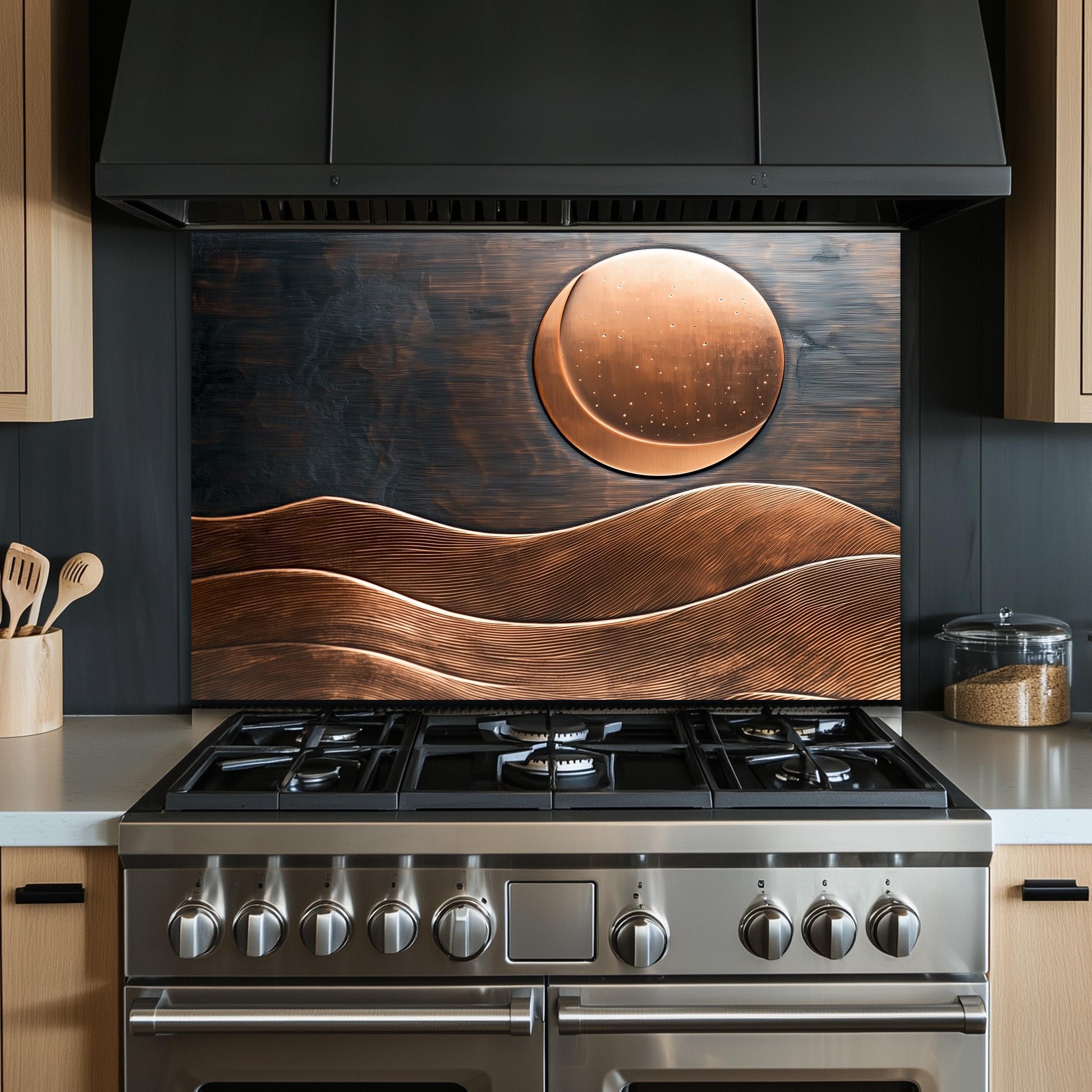 Copper Moon Tempered Glass Kitchen Backsplash: Rustic Stove Panel
