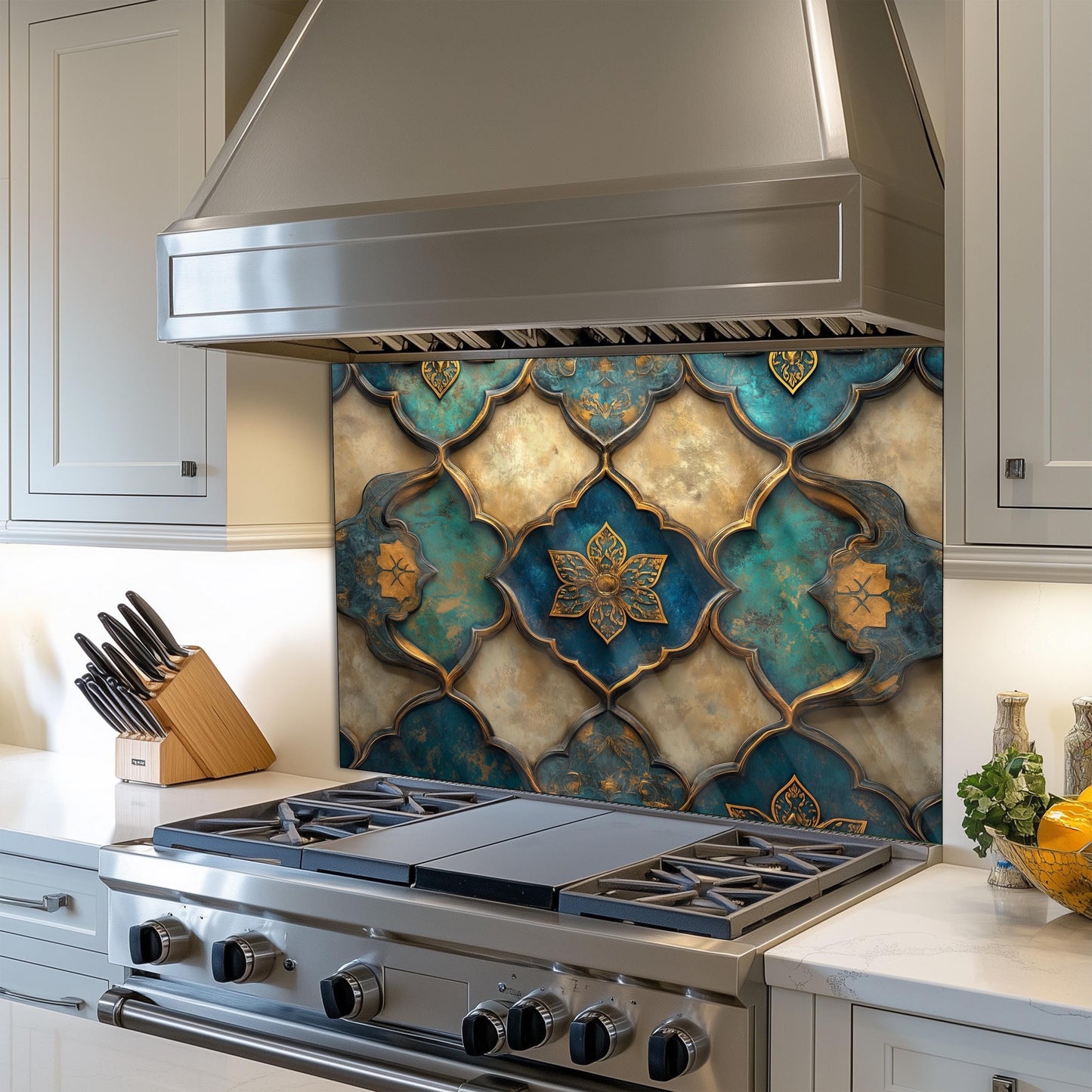 Moroccan Tempered Glass Kitchen Backsplash, Rustic Stove Protection, Custom Size Design