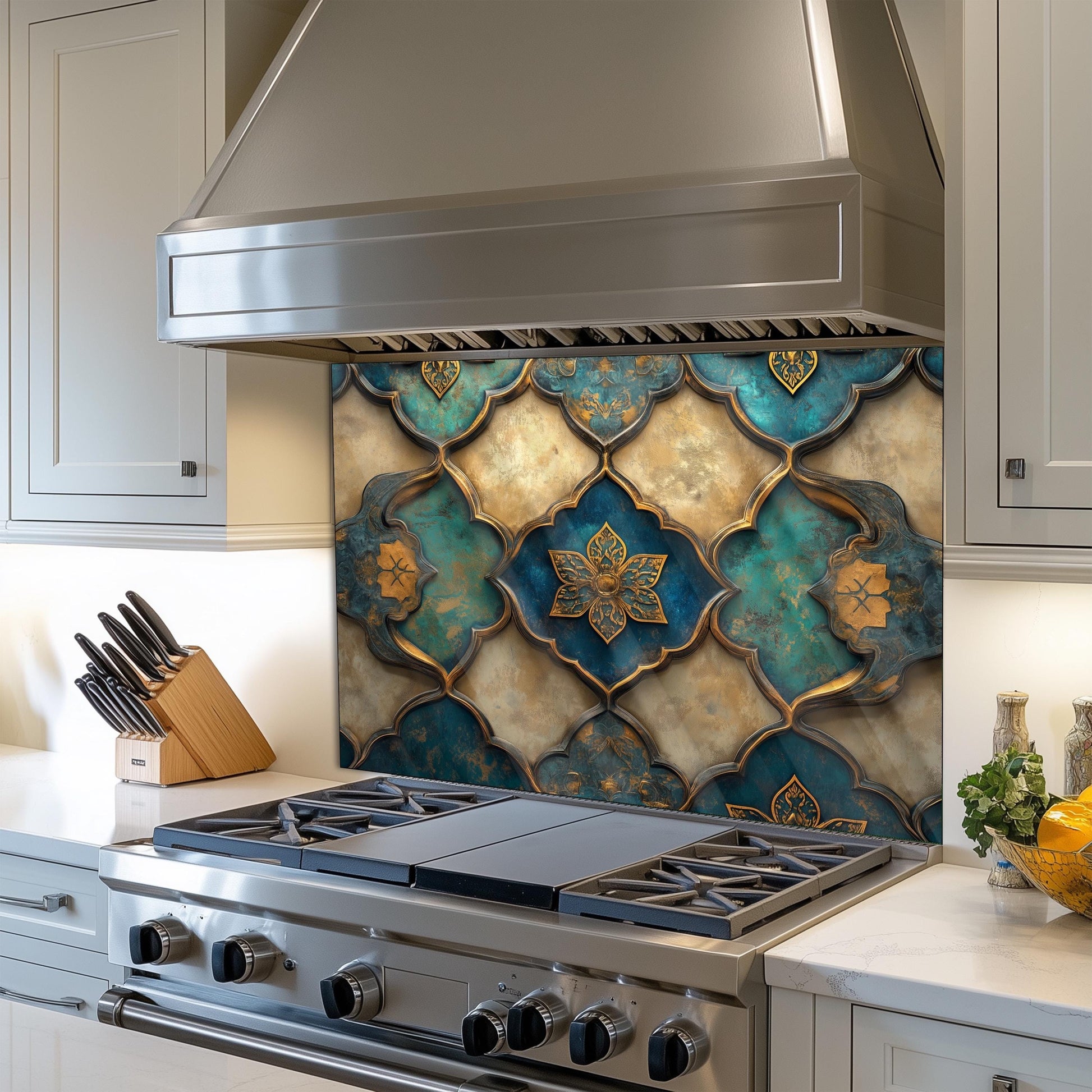 Moroccan Tempered Glass Kitchen Backsplash, Rustic Stove Protection, Custom Size Design