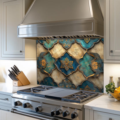 Moroccan Tempered Glass Kitchen Backsplash, Rustic Stove Protection, Custom Size Design
