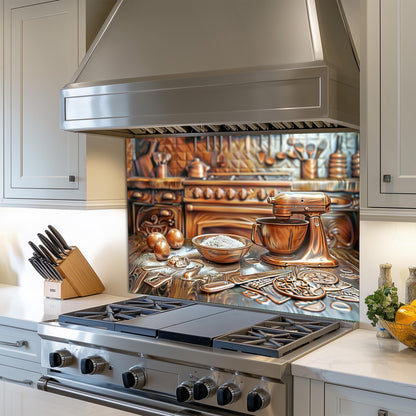 Rustic kitchen backsplash, copper baking tools design, heat-resistant tempered glass, easy clean kitchen wall protector, farmhouse kitchen art, vintage stove protector, mixer backsplash