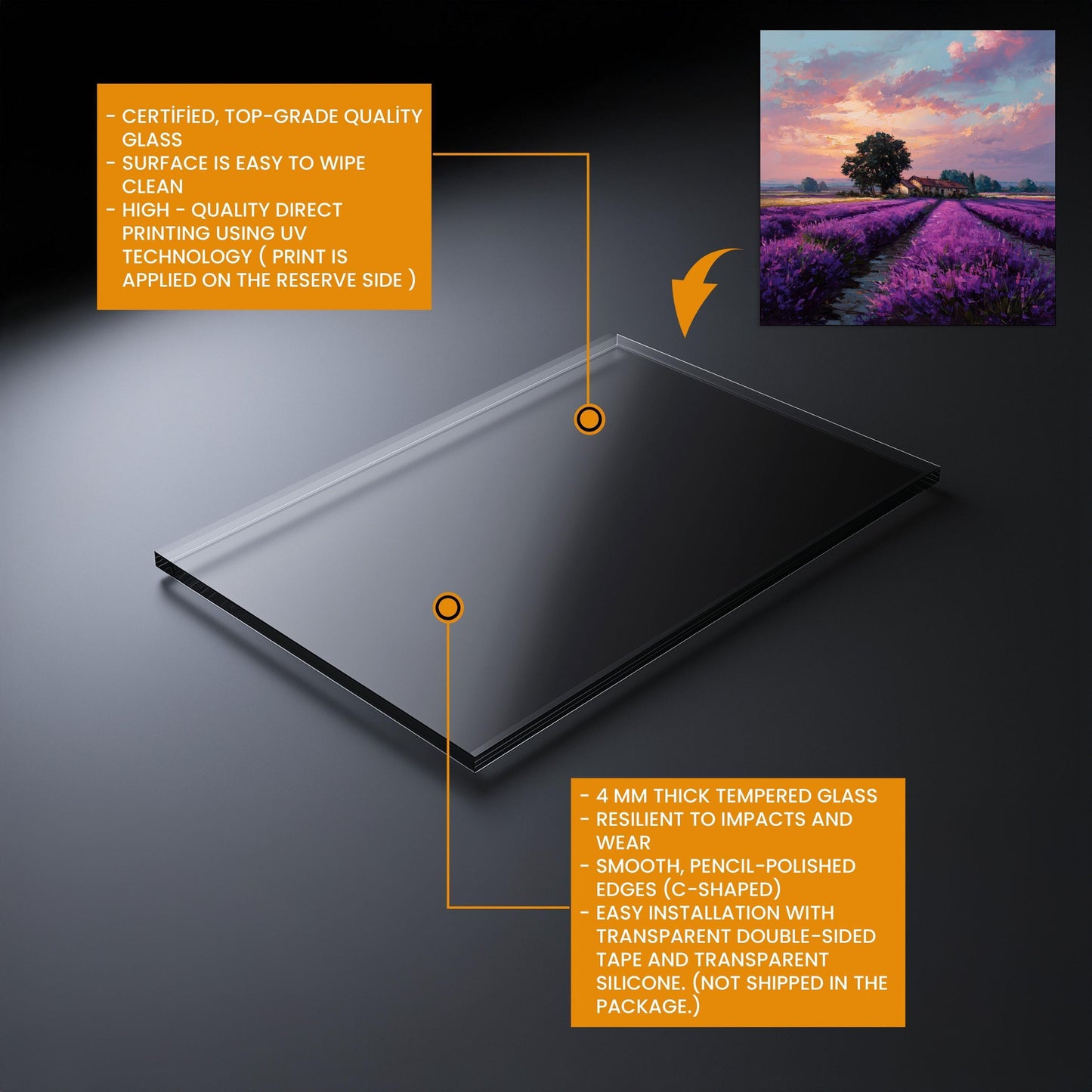 Provence Lavender Field Tempered Glass Backsplash - Sunset Countryside Kitchen Splashback - Heatproof Stove Wall Protector
