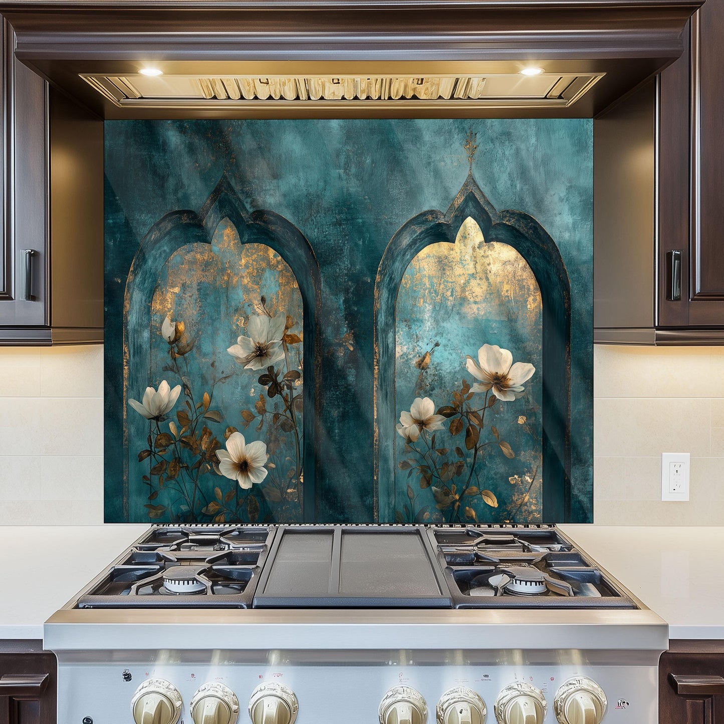 Moroccan Floral Tempered Glass Kitchen Backsplash: Modern Art