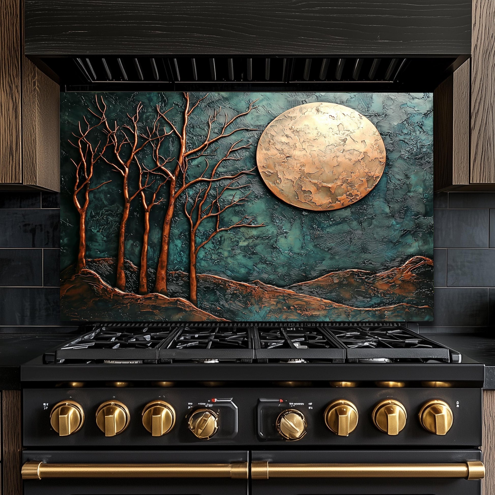 Copper Moon & Heron Backsplash, Heat Resistant Nature Guard, Custom Size Glass Art