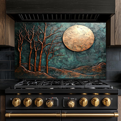 Copper Moon & Heron Backsplash, Heat Resistant Nature Guard, Custom Size Glass Art