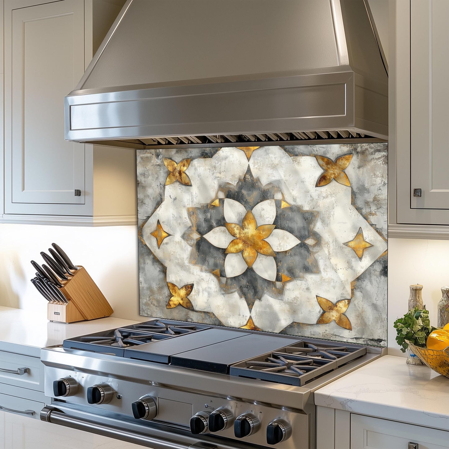 Navy & Amber Moroccan Backsplash, Heat Resistant Stove Guard, Custom Size Glass Art