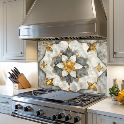 Navy & Amber Moroccan Backsplash, Heat Resistant Stove Guard, Custom Size Glass Art