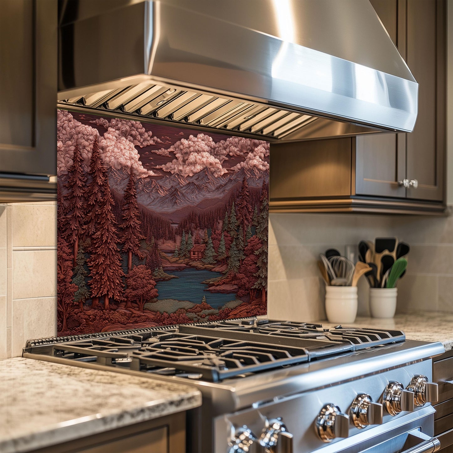 Mountain Kitchen Backsplash: Tempered Glass Forest Scene Stove Protector