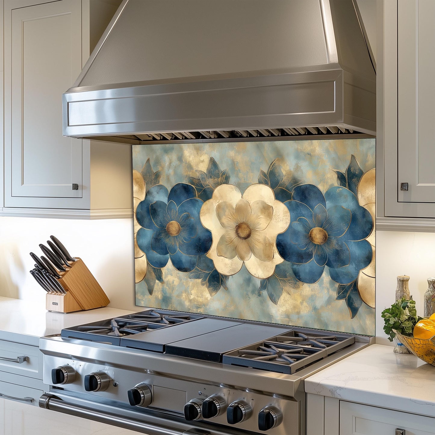 Moroccan Floral Pattern Kitchen Backsplash, UV Printed Tempered Glass Art, Custom Size Design