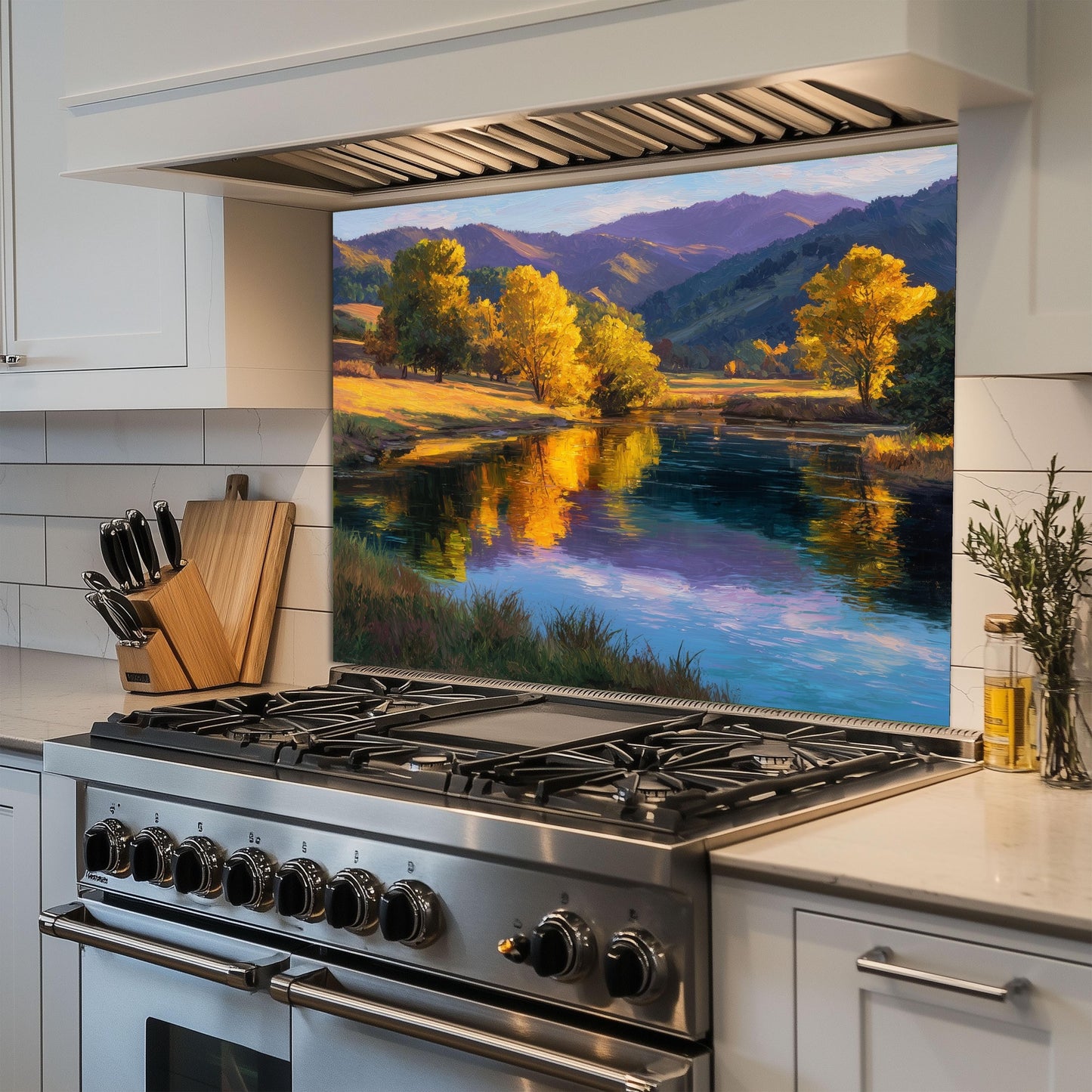 Golden Meadow Lake Tempered Glass Backsplash - Autumn Landscape Kitchen Wall Panel