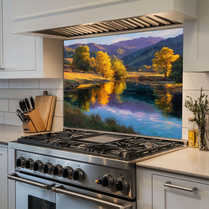 Golden Meadow Lake Tempered Glass Backsplash - Autumn Landscape Kitchen Wall Panel