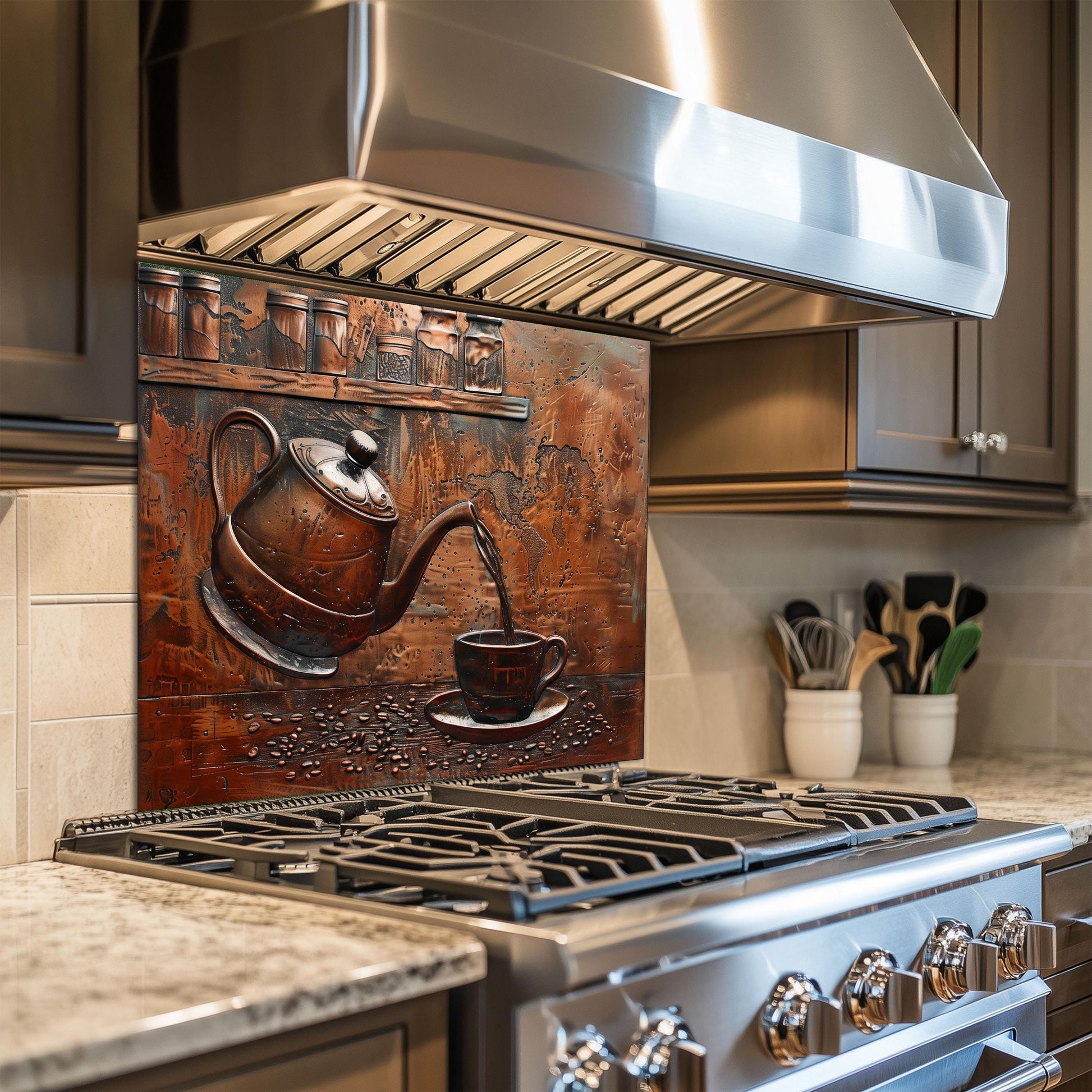Teapot and coffee backsplash, tempered glass kitchen panel, heat-resistant splashback, easy to clean, stove wall protector, artistic wall art, modern kitchen accent, stylish backsplash, rustic coffee decor