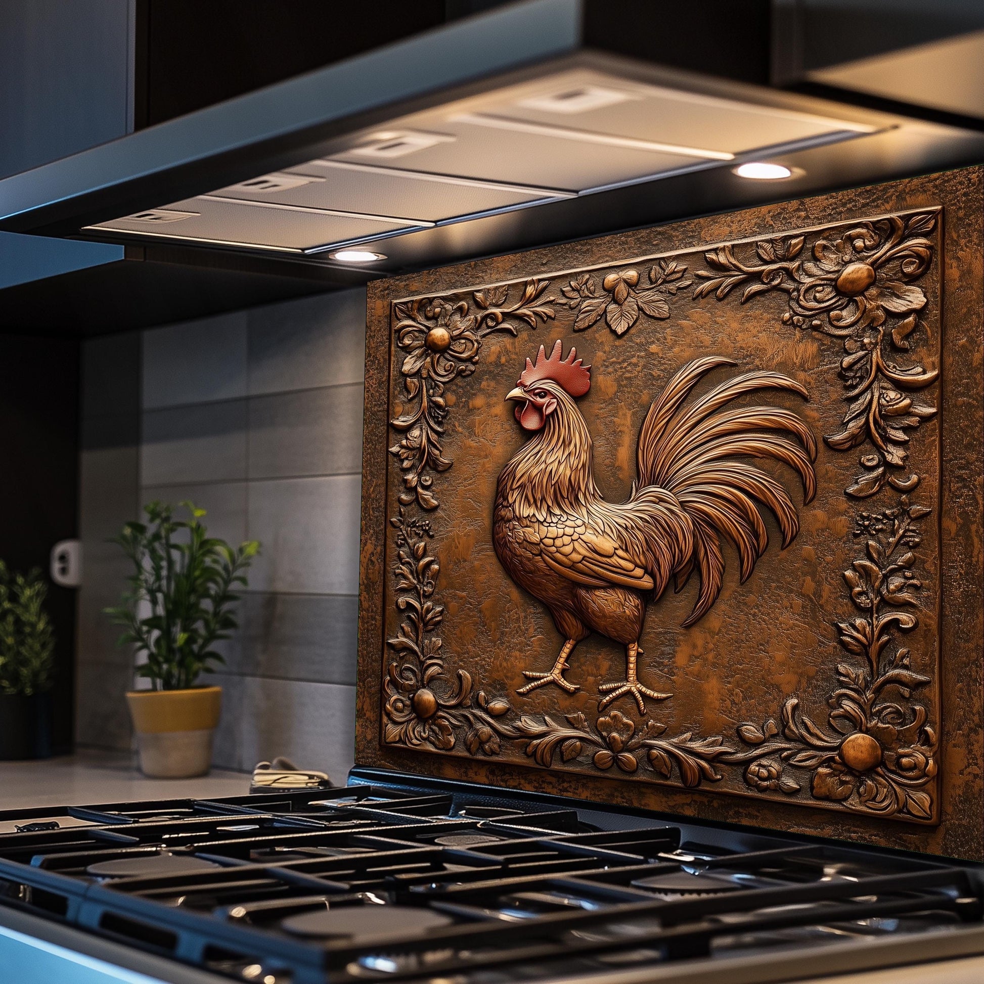 Rustic Rooster Tempered Glass Kitchen Backsplash: Farmhouse Decor
