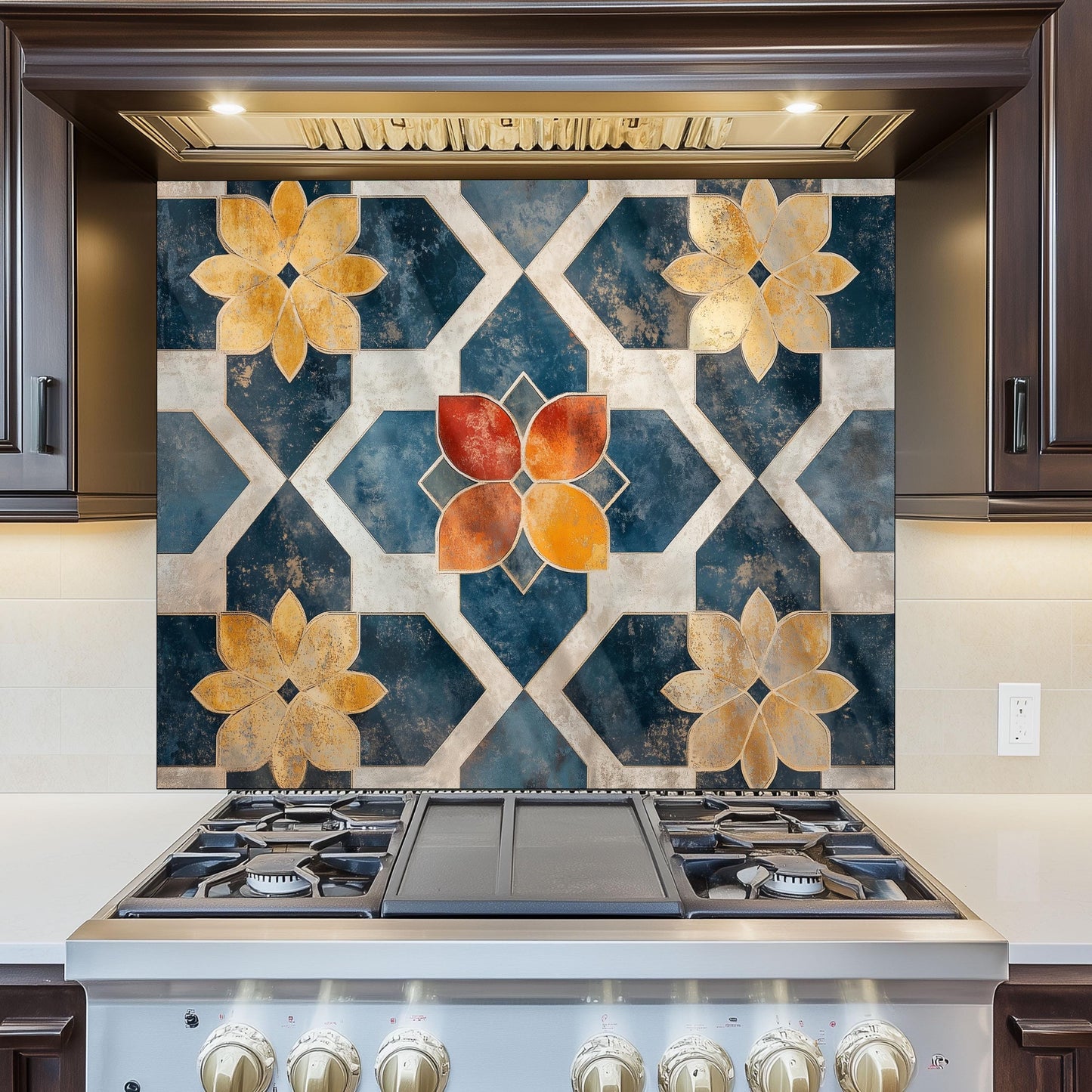 Moroccan Style Glass Backsplash, Geometric Tile Stove Guard, Heat Resistant Easy Clean Kitchen Art