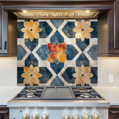 Moroccan Style Glass Backsplash, Geometric Tile Stove Guard, Heat Resistant Easy Clean Kitchen Art