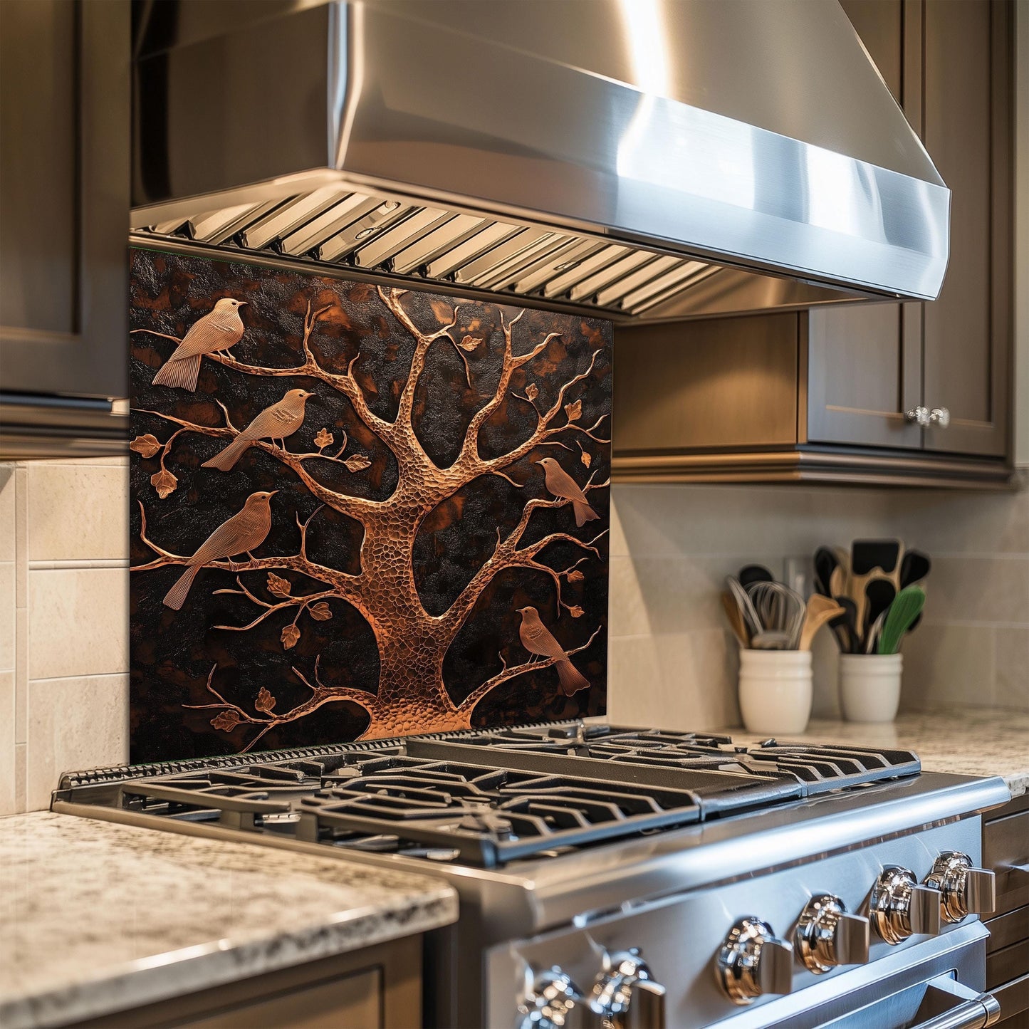 Tempered glass kitchen backsplash, tree and bird copper design, heat-resistant wall protector, easy clean stove wall protector, rustic kitchen art, nature-inspired wall decor