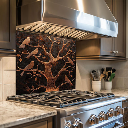 Tempered glass kitchen backsplash, tree and bird copper design, heat-resistant wall protector, easy clean stove wall protector, rustic kitchen art, nature-inspired wall decor