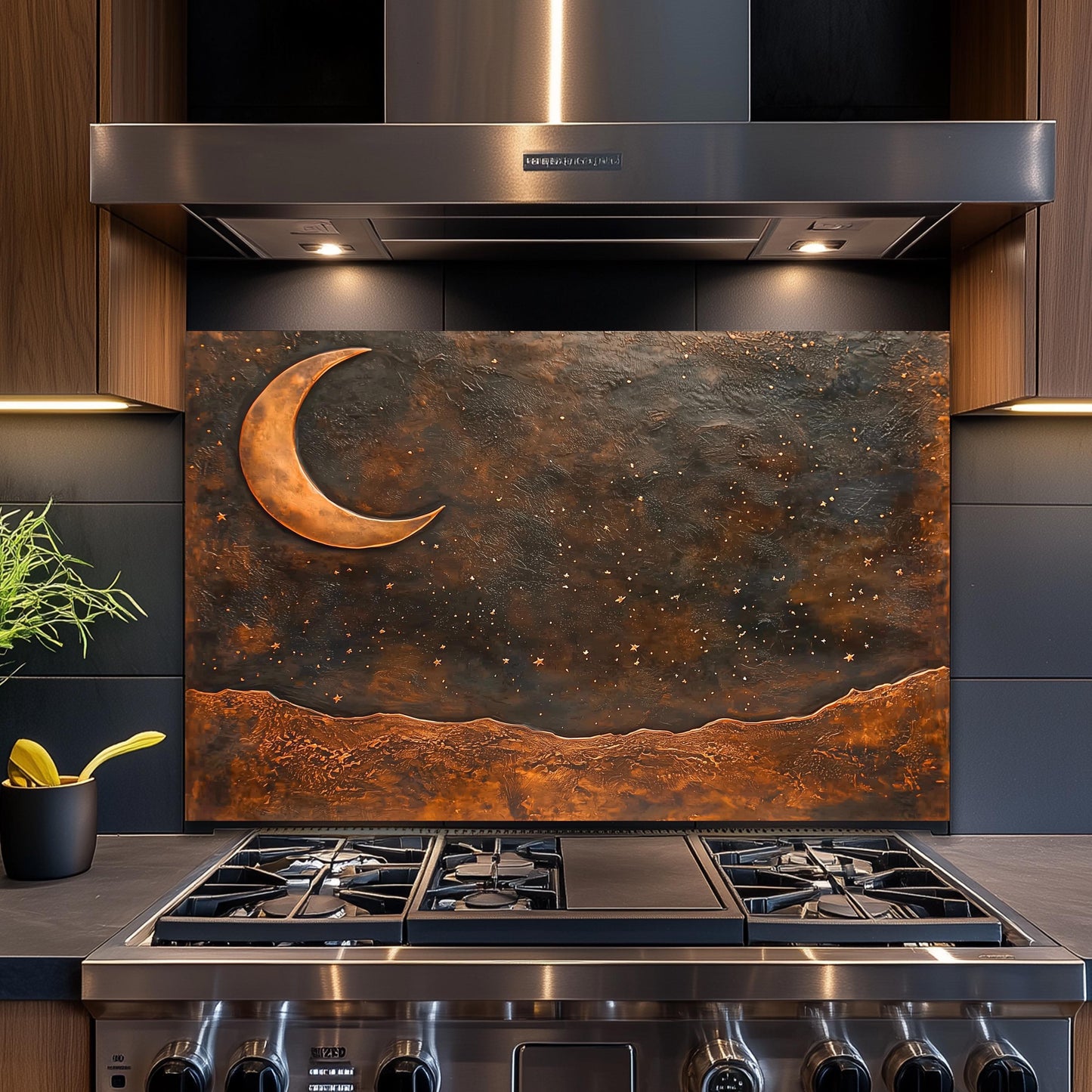 Copper Moon Tempered Glass Backsplash: Rustic Kitchen Decor
