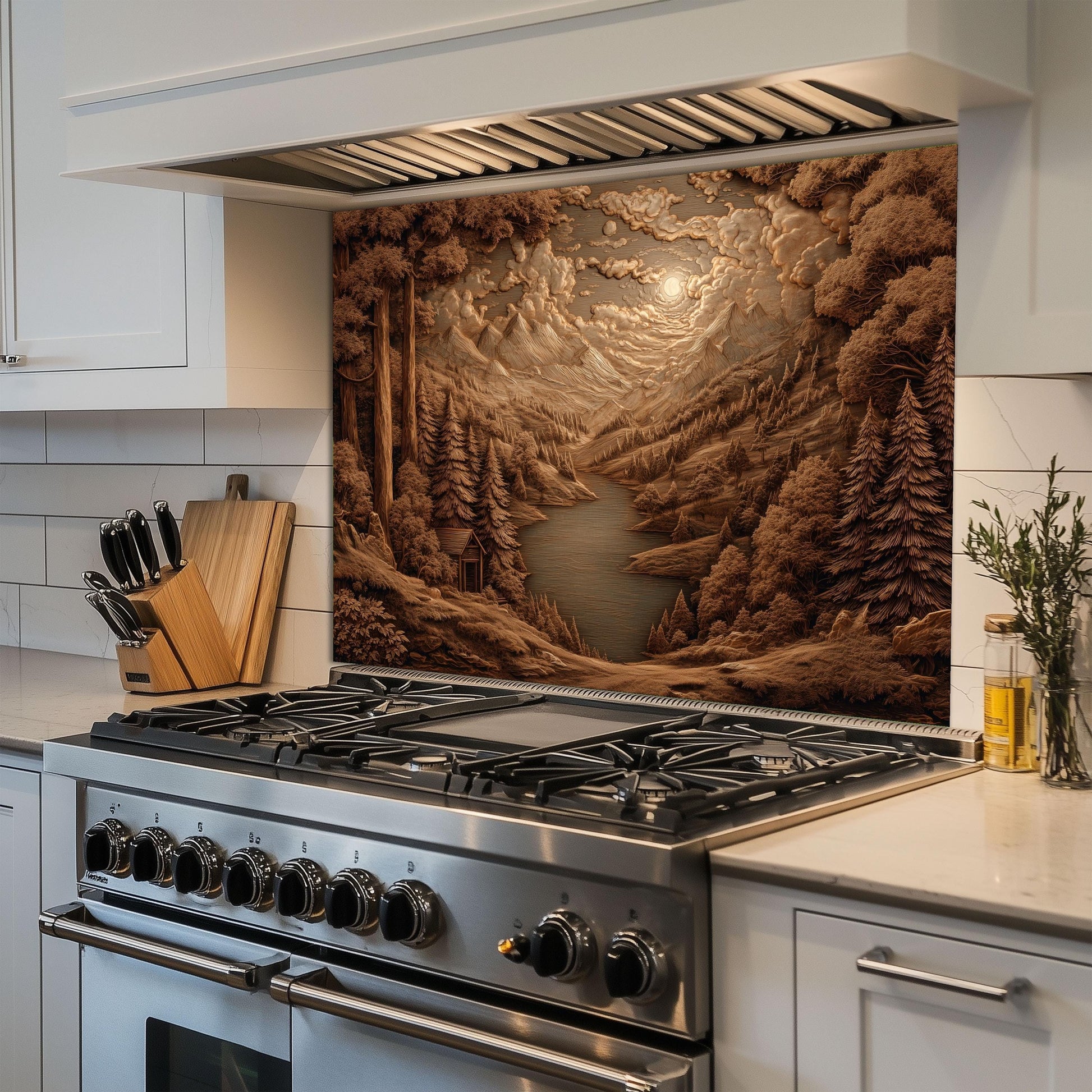 Sepia Mountain Landscape Kitchen Backsplash, UV Printed Tempered Glass Art, Custom Size Design