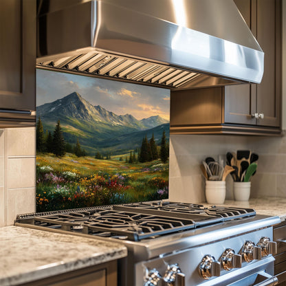 Mountain Meadow Kitchen Backsplash, Wildflower Landscape Tempered Glass, Custom Size Design